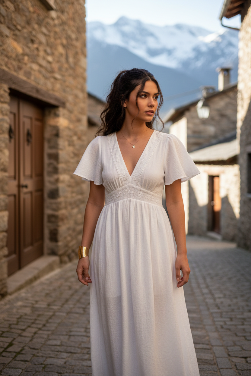 Look elegante mujer con vestido largo blanco de algodón, ideal para eventos de día, cenas especiales y estilismos de inspiración francesa. STRANNA