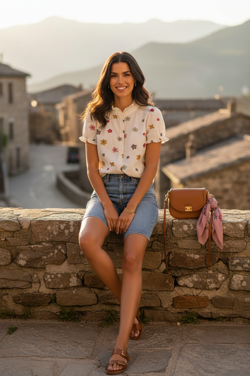Prenda de algodón con delicadas flores bordadas multicolor combinada con short vaquero azul y complementos naturales. Outfit casual chic mujer pensado para verano con elegancia mediterránea y estilo francés contemporáneo. STRANNA