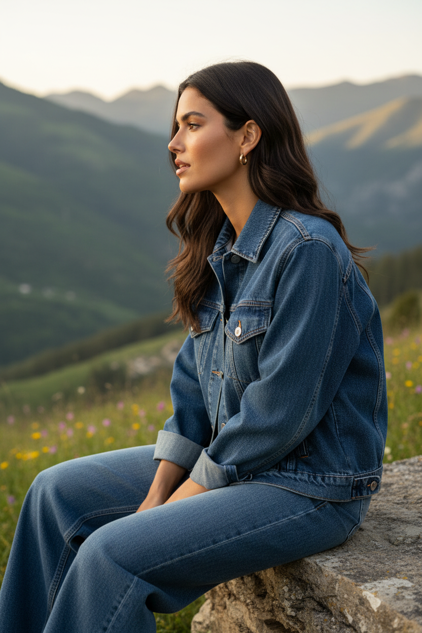 Cazadora denim mujer moda mediterránea en perfil lateral contemplando montañas del Pirineo — STRANNA