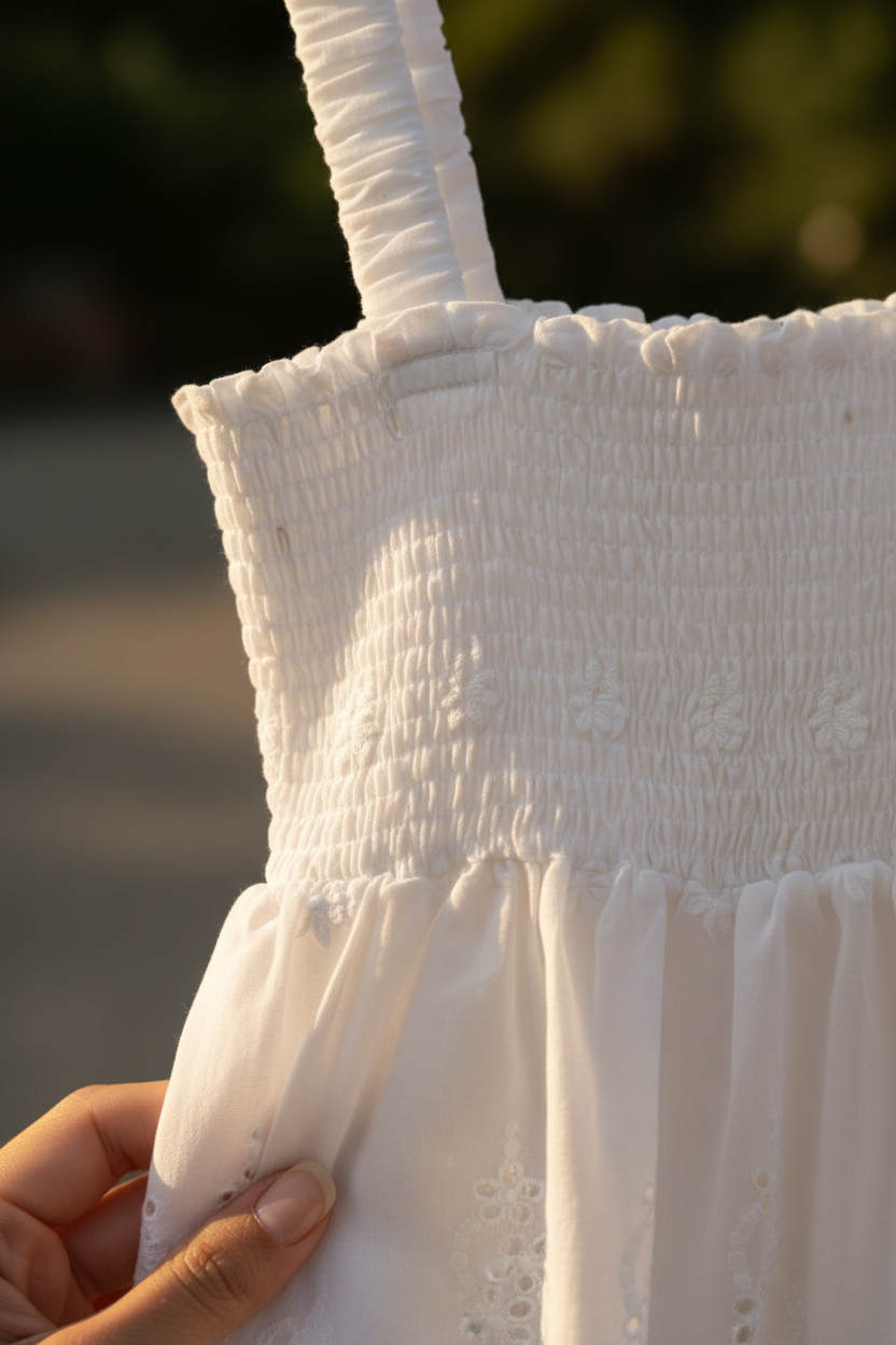 Detalle del tejido bordado calado floral en algodón blanco con acabado artesanal y textura femenina. Prenda elegante y versátil para crear outfits casual chic mujer de inspiración francesa. STRANNA