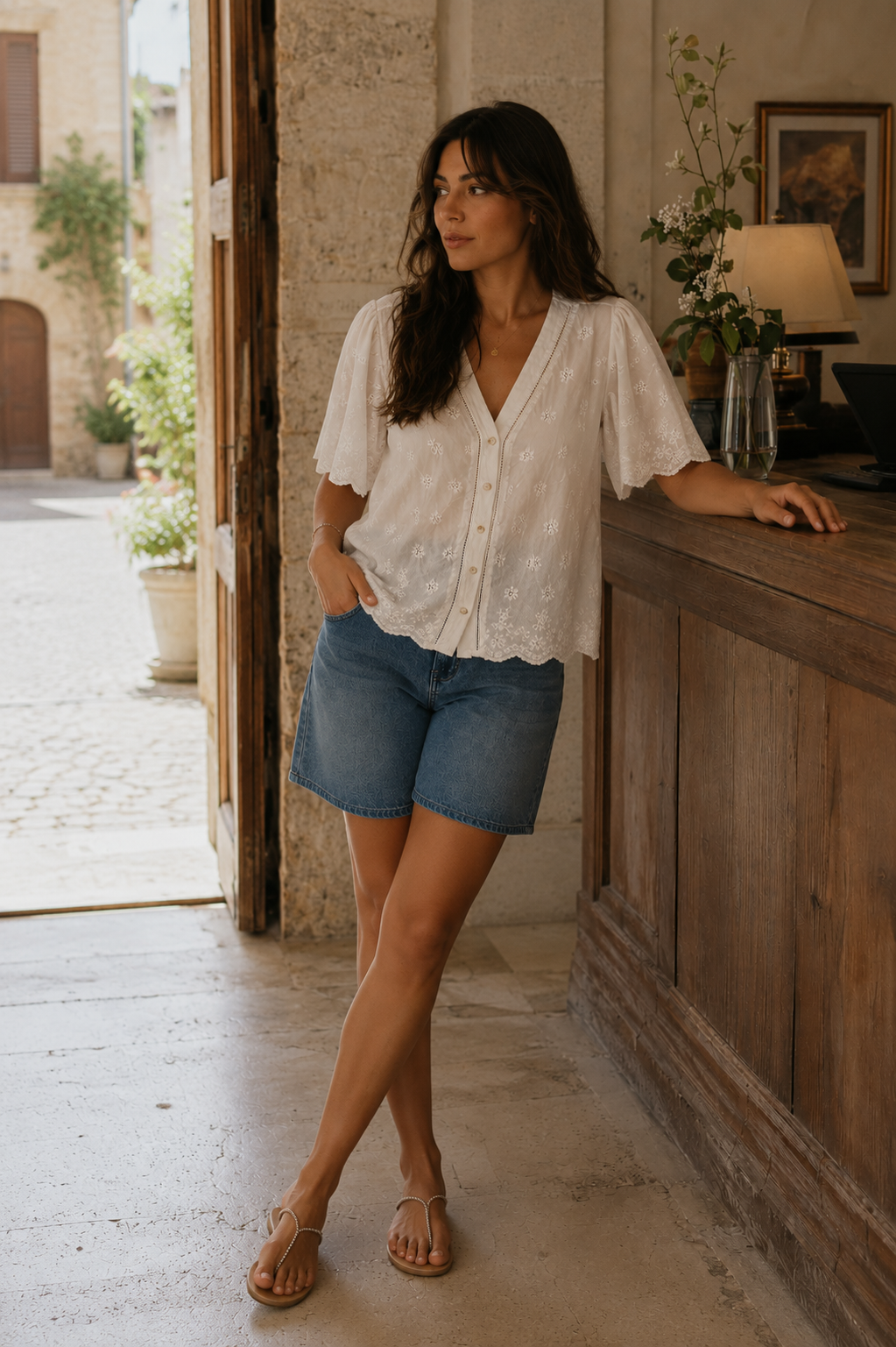 Blusa de algodón blanca con broderie floral y cierre de botones, combinada con bermuda vaquera y sandalias para un outfit elegante mujer de inspiración francesa | STRANNA