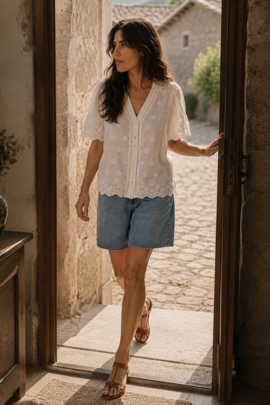 Blusa blanca de broderie con bordados florales, cuello en V y mangas festoneadas, combinada con bermuda vaquera y sandalias en un look mediterráneo de verano | STRANNA