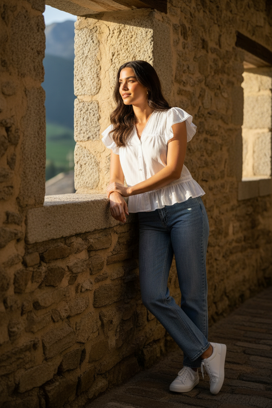 blusa blanca mujer con mangas de volante estilo elegante