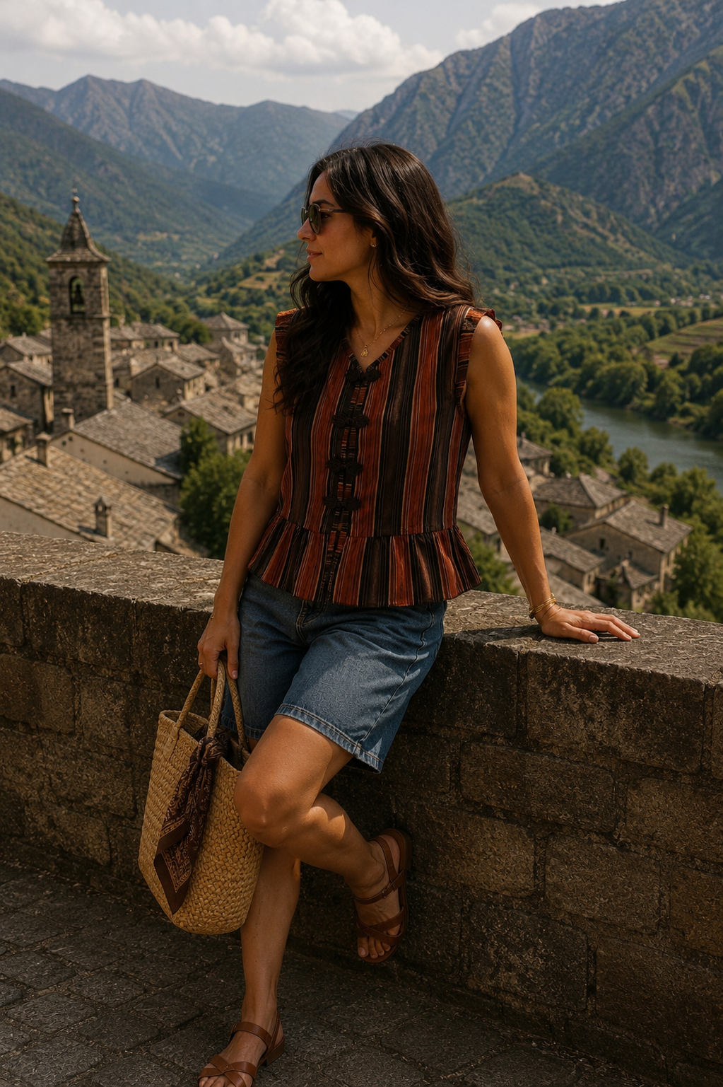 Blusa sin mangas de rayas verticales teja y marrón con botones de nudo chino y volante fruncido, combinada con bermuda vaquera, sandalias y bolso de fibras naturales en un look de verano con estilo | STRANNA