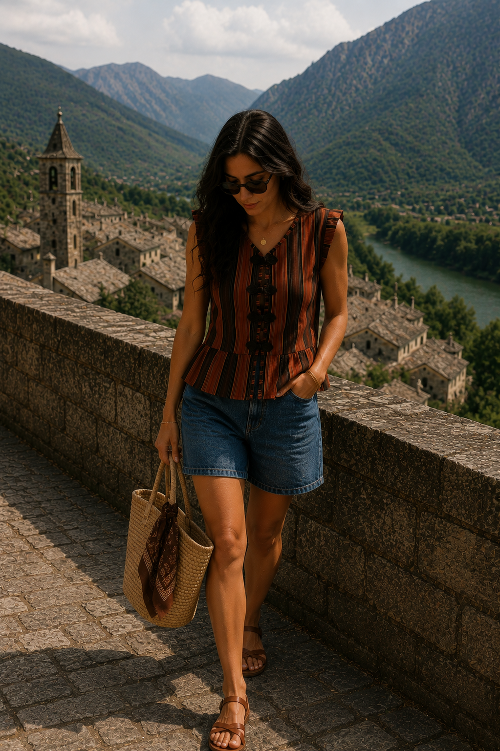 Blusa multicolor teja y marrón con manga casquillo, botones de nudo chino y bajo de volante, combinada con bermuda vaquera, gafas de sol y bolso de fibras naturales en un look casual chic mujer | STRANNA