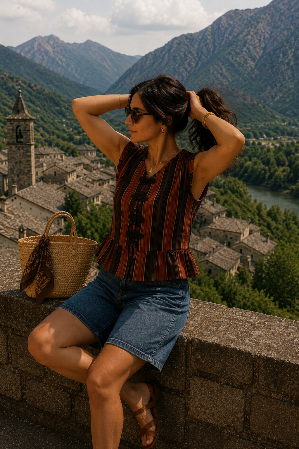 Blusa de algodón a rayas teja y marrón con pequeño volante en los hombros y cierres artesanales, combinada con bermuda denim mientras la modelo se recoge el cabello frente a un pueblo de montaña | STRANNA