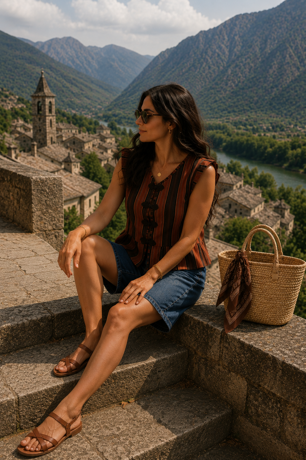 Blusa sin mangas de rayas verticales teja y marrón con botones de nudo chino y volante fruncido, combinada con bermuda vaquera, sandalias y bolso de fibras naturales en un look de verano con estilo | STRANNA