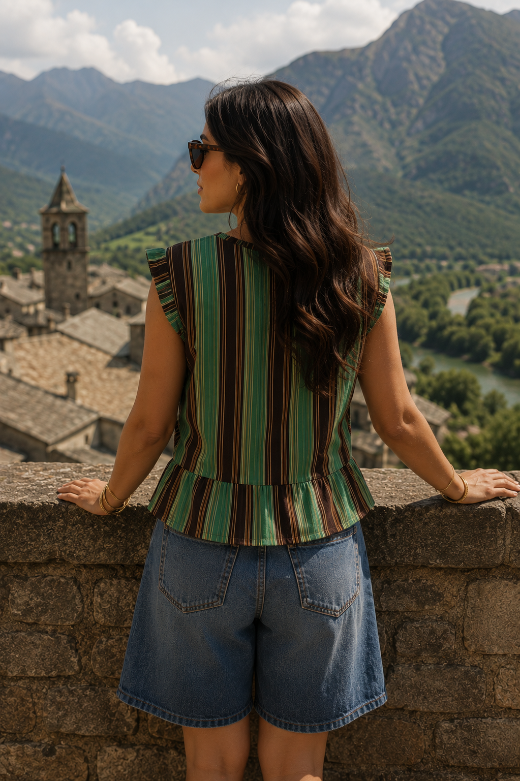 Blusa de algodón sin mangas con rayas verticales, botones de nudo y volante fruncido, combinada con bermuda denim, bolso de fibras naturales y accesorios dorados en un outfit casual chic mujer | STRANNA
