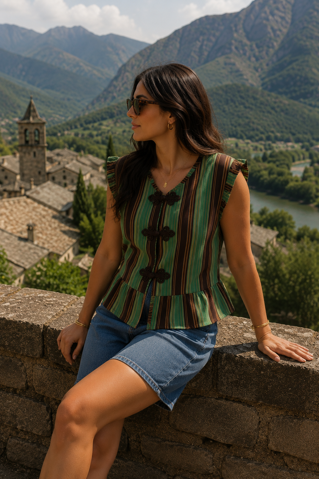 Vista trasera de blusa de algodón a rayas verde agua y marrón con pequeño volante en los hombros y bajo fruncido, combinada con bermuda denim mientras la modelo contempla un pueblo del Pirineo | STRANNA