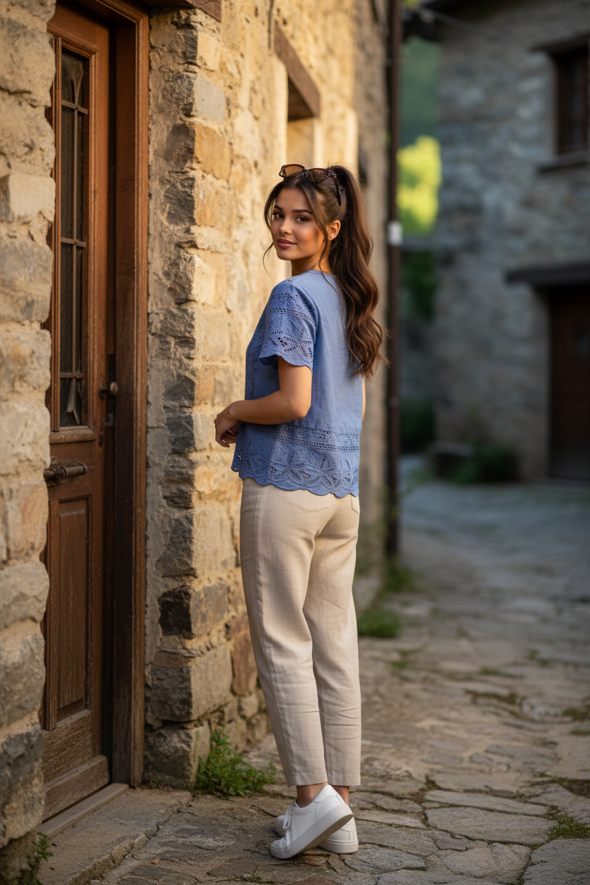 Blusa azul mujer de algodón con bordado calado y estilo casual chic inspirado en moda francesa.