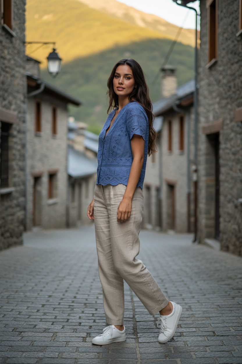Blusa azul de manga corta con detalles bordados en look mediterráneo casual chic para mujer.