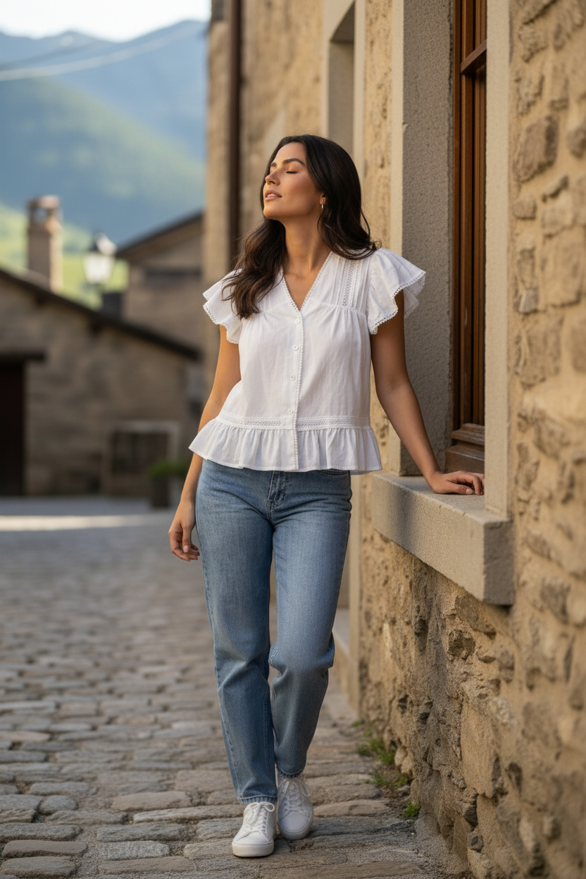 blusa blanca ligera mujer con jeans azules