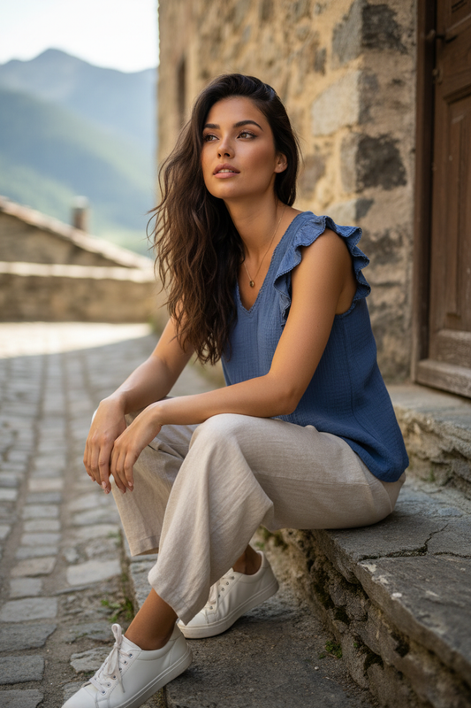 Mujer con blusa azul fluida y pantalón beige en look elegante mediterráneo femenino.