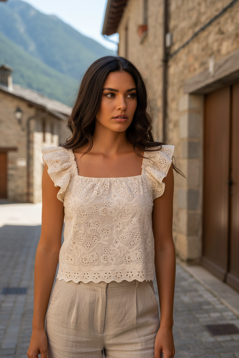 Blusa casual chic blanca confeccionada en algodón con bordado inglés y estilo femenino relajado.