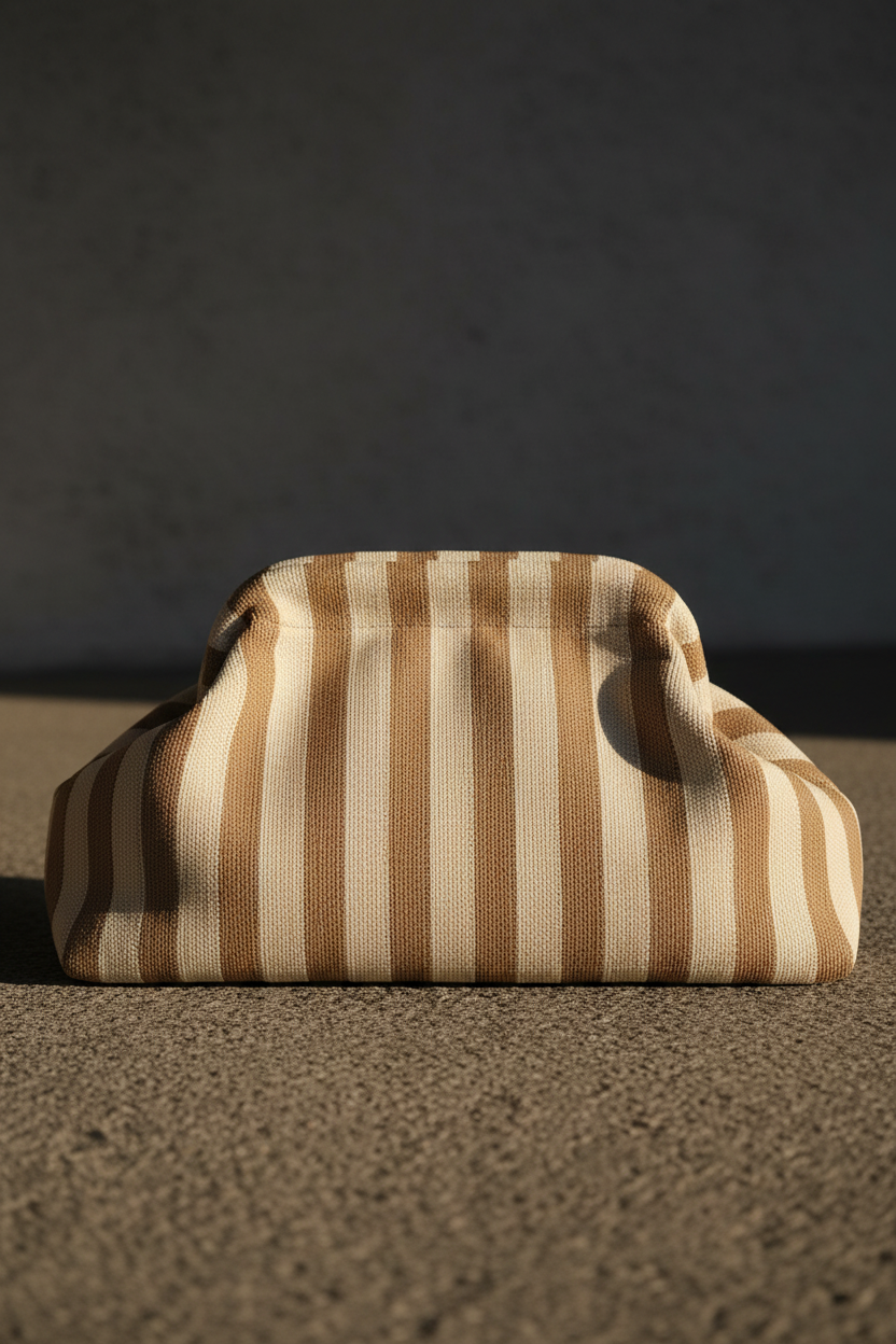 Bolso de mano tipo nube confeccionado en tejido de rayas verticales camel y crudo, con cierre de bisagra y diseño artesanal de volumen suave, perfecto para completar looks casual chic y elegantes de mujer. STRANNA.