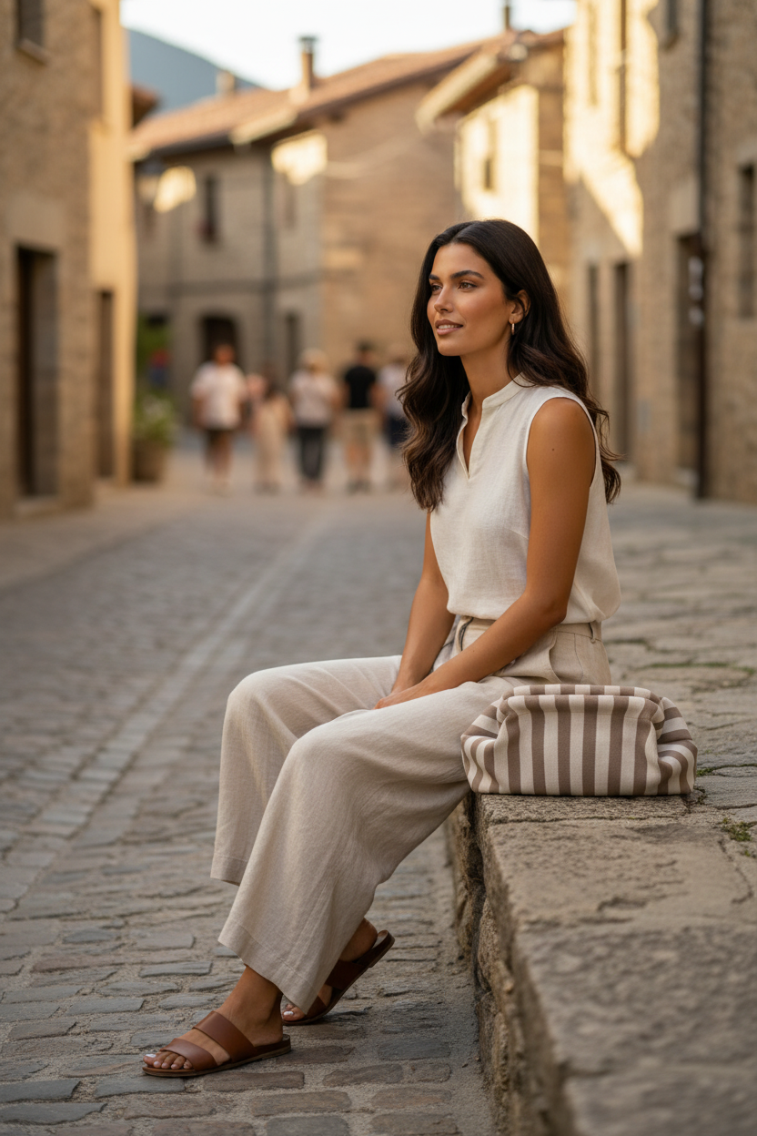 Bolso de mano de rayas camel y crudo con volumen, combinado con camiseta blanca, pantalón ancho fluido y sandalias de piel en un look casual chic para mujer con inspiración francesa y estilo mediterráneo. STRANNA.