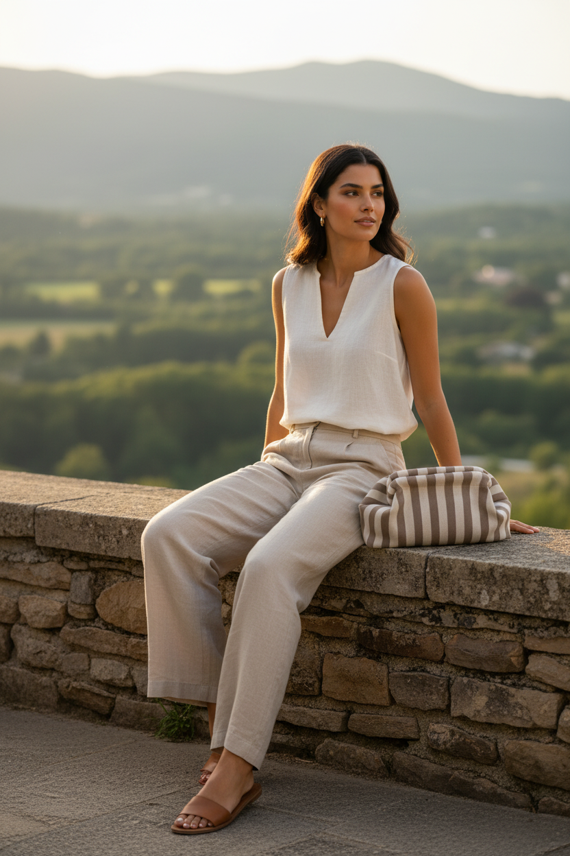Clutch de mujer en tejido de rayas camel y crudo con diseño tipo nube, combinado con un conjunto relajado de camiseta blanca, pantalón fluido y sandalias camel en un outfit elegante de verano con esencia mediterránea. STRANNA.