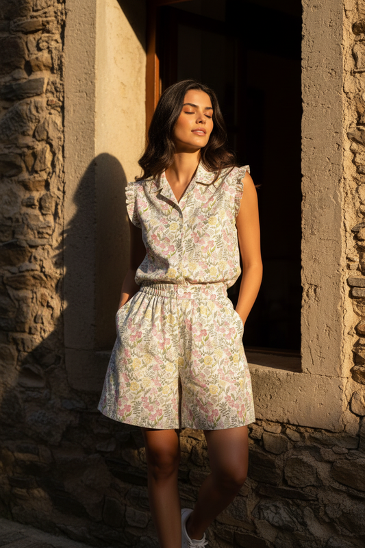Conjunto mujer con camisa floral y short estampado en outfit elegante de verano mediterráneo.