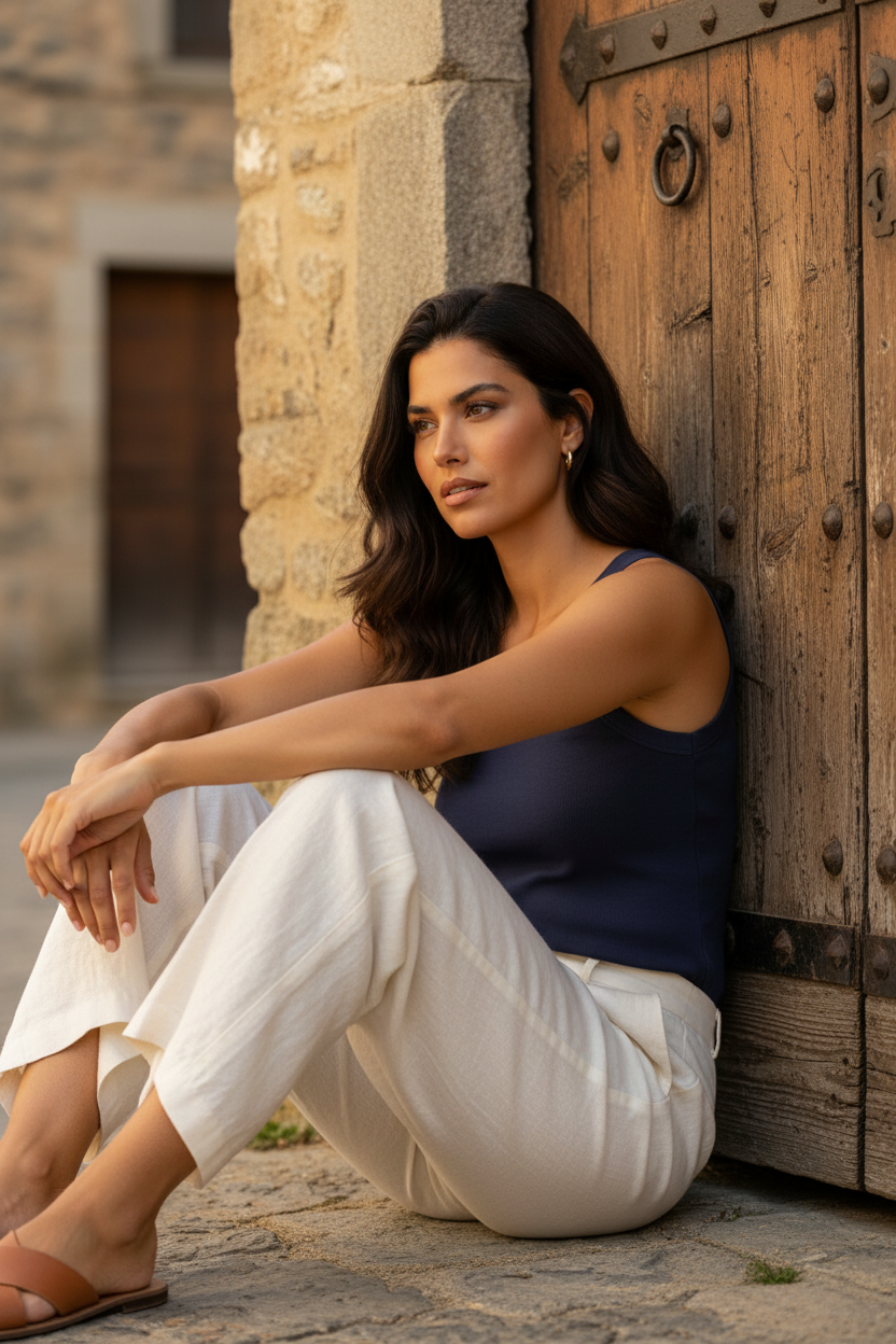 Camiseta canalé de mujer azul marino con tirantes anchos combinada con pantalón blanco fluido en un outfit elegante mujer de inspiración mediterránea. Un look casual chic con estilo francés, versátil y favorecedor para el día a día. STRANNA