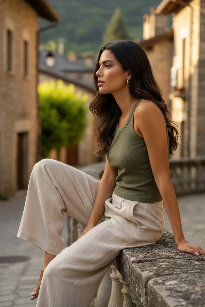 Camiseta canalé de mujer kaki con tirantes anchos combinada con pantalón blanco fluido en un outfit elegante mujer de inspiración mediterránea. Un look casual chic con estilo francés, natural y versátil para primavera y verano. STRANNA