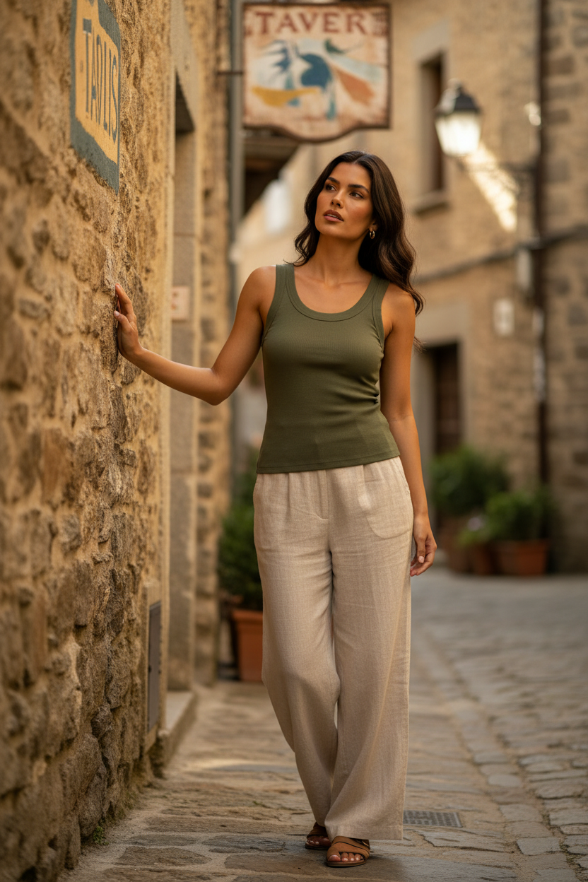 Camiseta de canalé elástico kaki con escote redondo y corte ajustado combinada con pantalón blanco de pernera ancha. Un outfit elegante mujer con moda femenina elegante, esencia mediterránea y estilo francés para cualquier ocasión. STRANNA