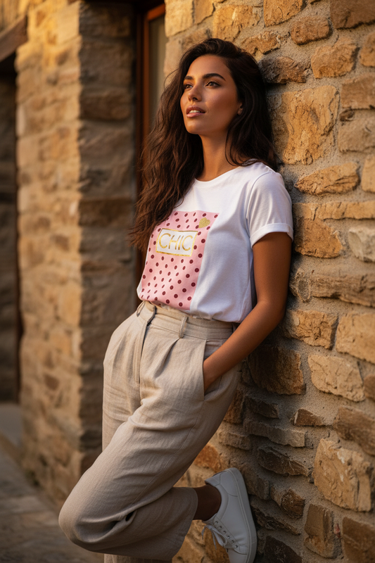 Mujer con camiseta blanca de algodón y elastano con estampado CHIC en rosa, look casual chic mujer inspirado en la moda mediterránea mujer y el estilo francés mujer. STRANNA