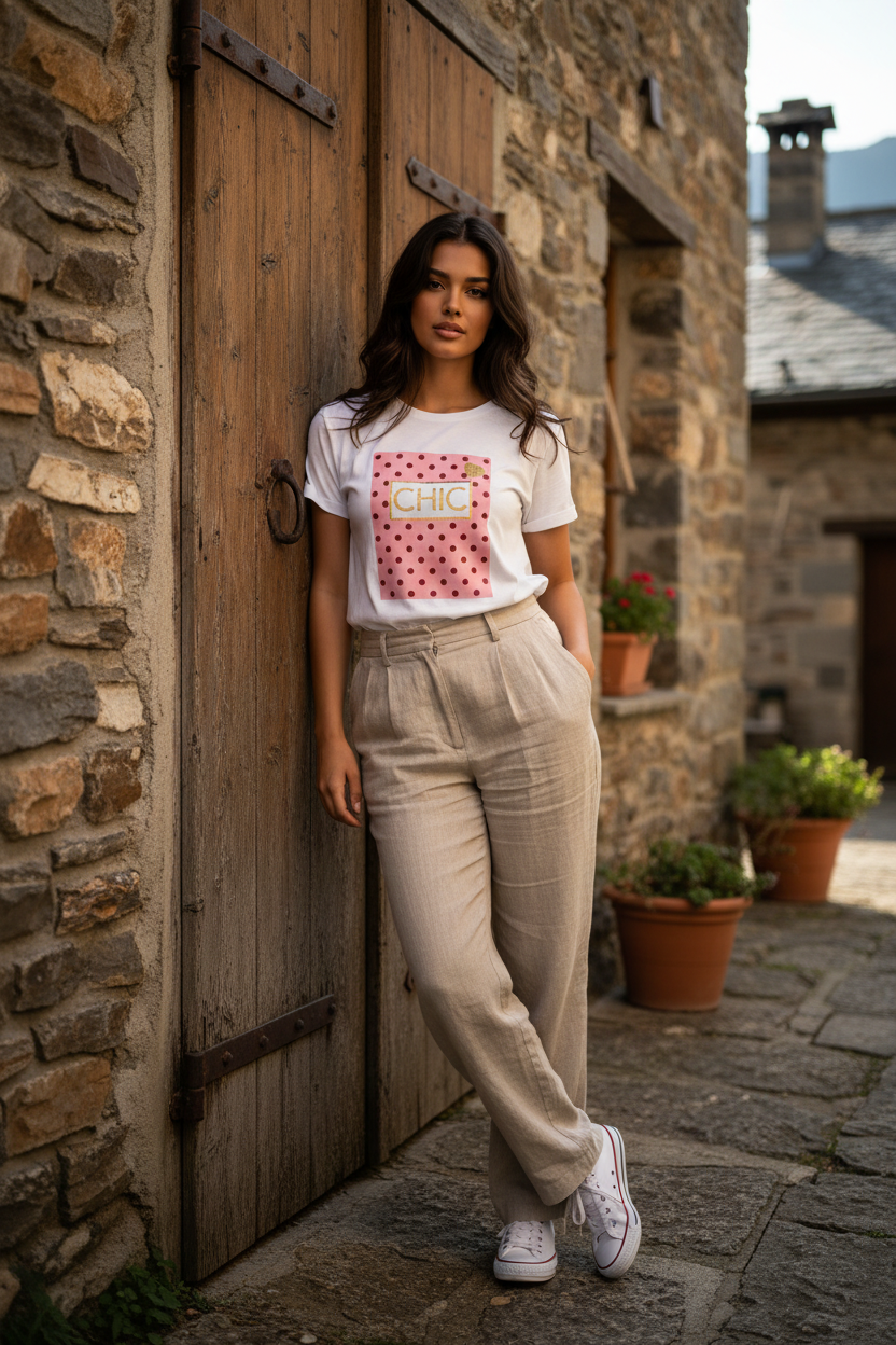 Outfit elegante mujer con camiseta de estampado parisino y pantalón beige fluido, combinación casual chic mujer de inspiración francesa. STRANNA