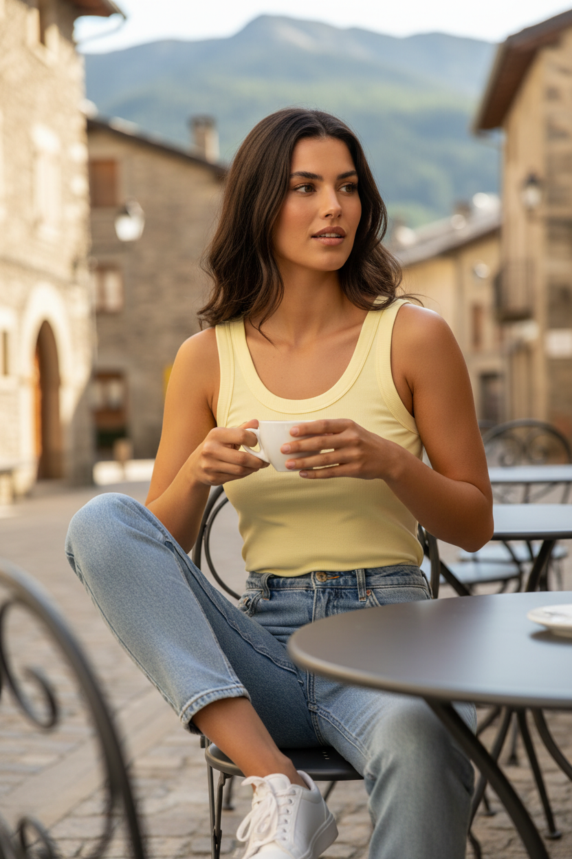 camiseta canalé amarilla mujer look casual elegante en terraza