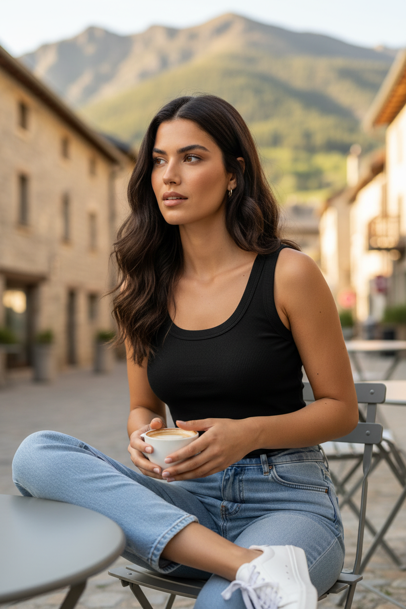 camiseta canalé negra mujer look casual elegante