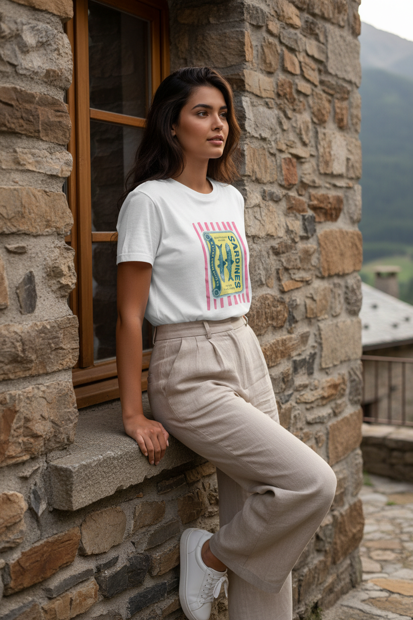 Mujer con camiseta blanca Luan de algodón y pantalón beige, look casual chic mujer inspirado en la moda mediterránea mujer y el estilo francés mujer de STRANNA.