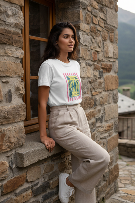 Mujer con camiseta blanca Luan de algodón y pantalón beige, look casual chic mujer inspirado en la moda mediterránea mujer y el estilo francés mujer de STRANNA.
