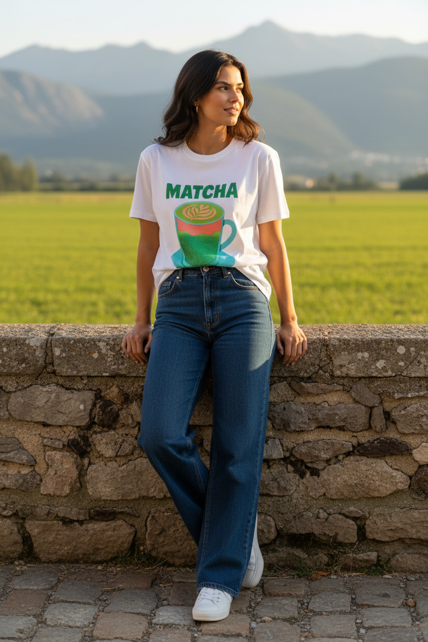 Mujer con camiseta estampada MATCHA LATTE en outfit mediterráneo femenino y desenfadado.