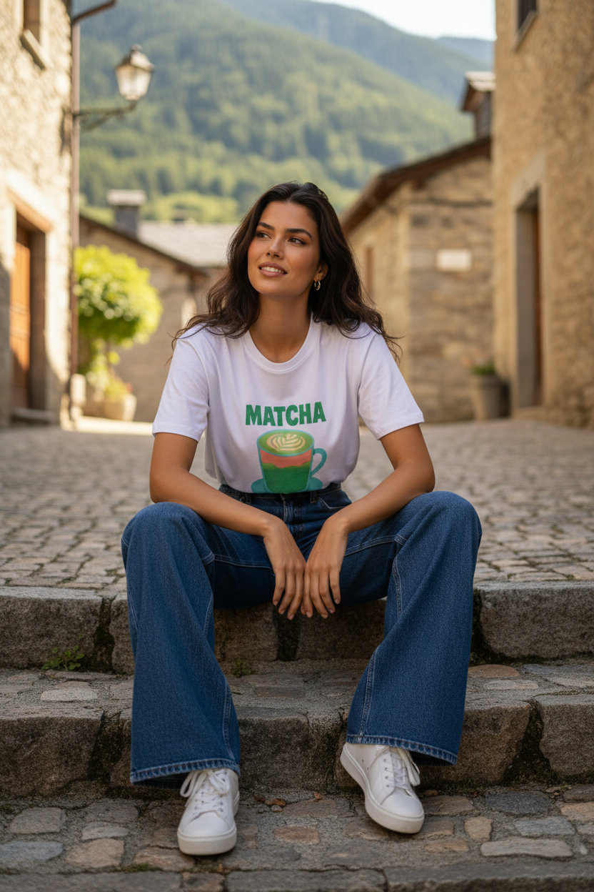Mujer con camiseta blanca MATCHA LATTE y jeans wide leg en look casual chic mediterráneo.