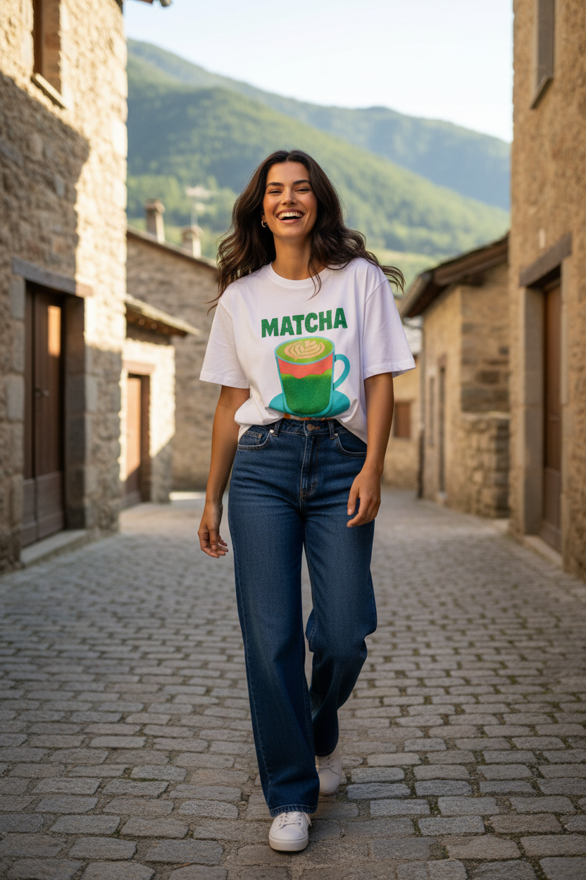 Camiseta blanca mujer con ilustración matcha latte y jeans denim en look elegante casual.