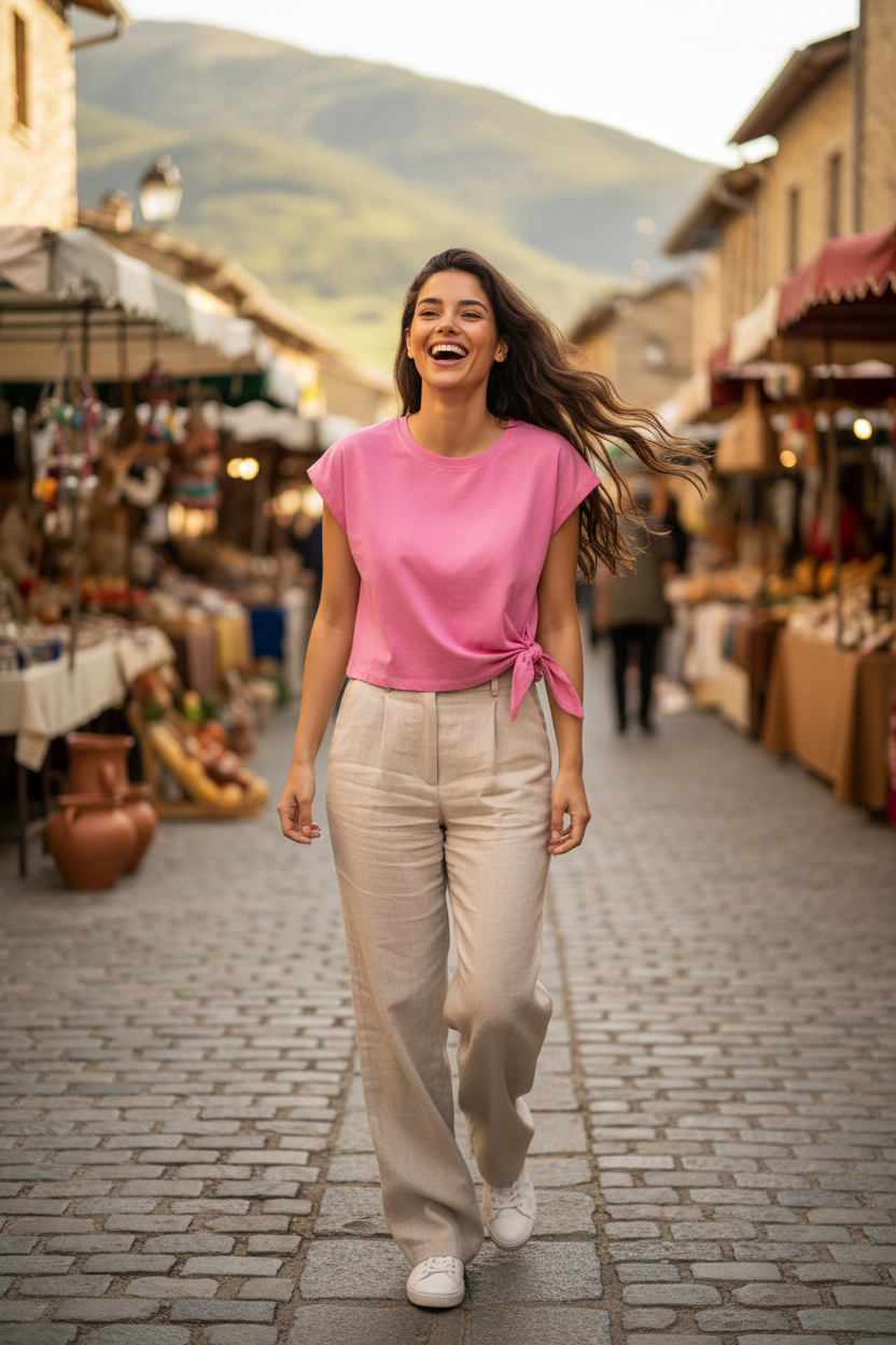 Camiseta fucsia mujer con nudo lateral en outfit femenino elegante para verano y entretiempo.