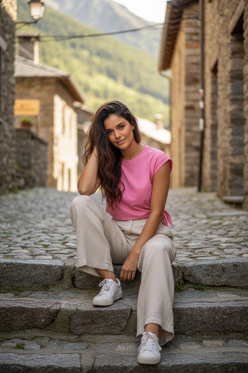 Mujer con top fucsia casual chic y pantalón claro en calle de pueblo mediterráneo