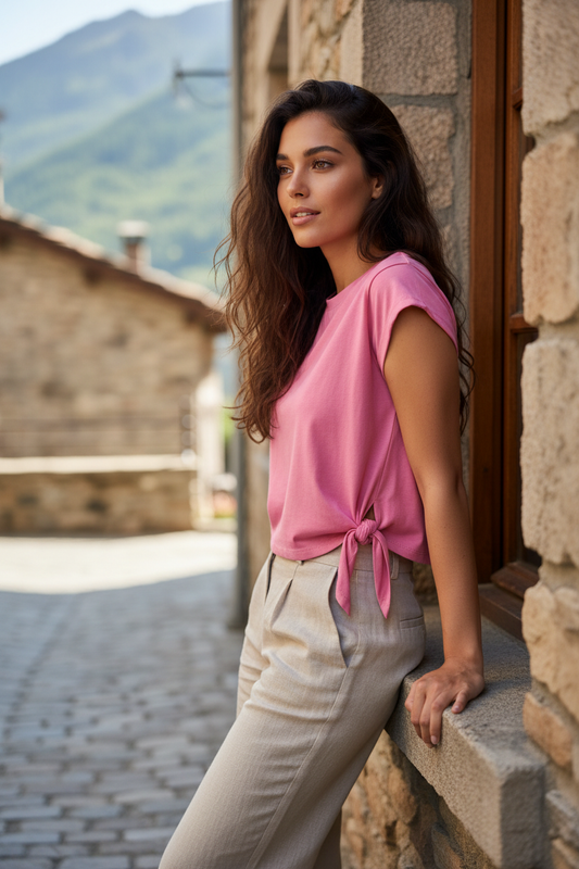 Mujer con camiseta fucsia de algodón estilo casual chic mediterráneo combinada con pantalón beige fluido