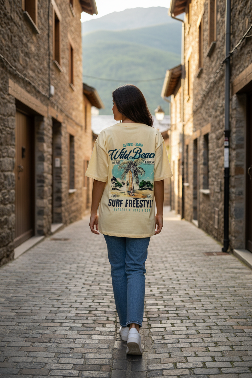 Vista trasera de camiseta amarilla mujer con estampado surf y palmeras estilo mediterráneo.
