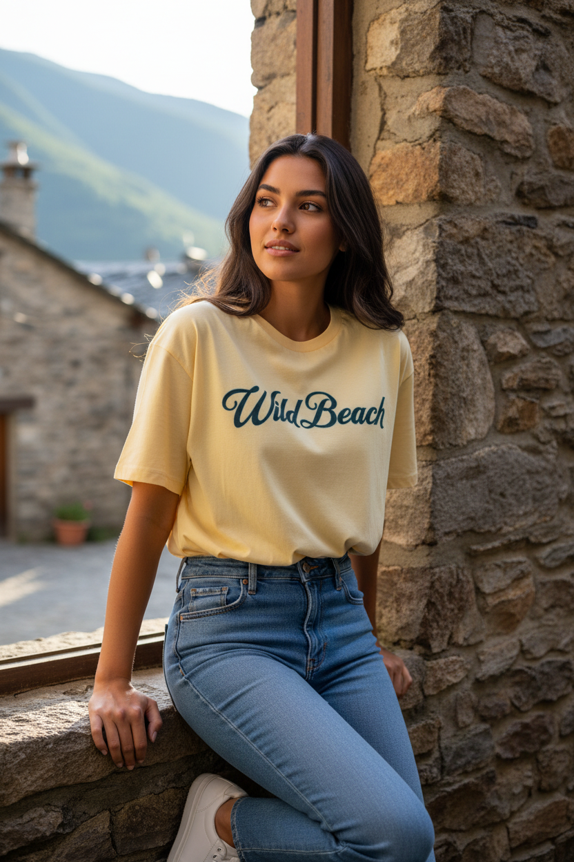 Mujer con camiseta amarilla Wild Beach y jeans azules en look casual chic mediterráneo.