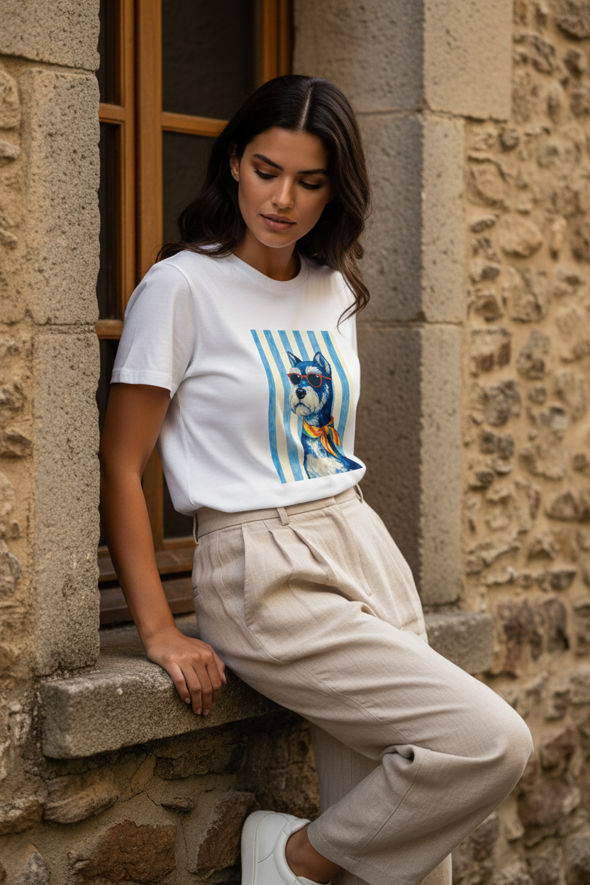 Mujer con camiseta blanca Riviera Dog de algodón y pantalón beige, look casual chic mujer inspirado en la moda mediterránea y el estilo francés mujer de STRANNA.