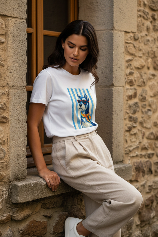 Mujer con camiseta blanca Riviera Dog de algodón y pantalón beige, look casual chic mujer inspirado en la moda mediterránea y el estilo francés mujer de STRANNA.