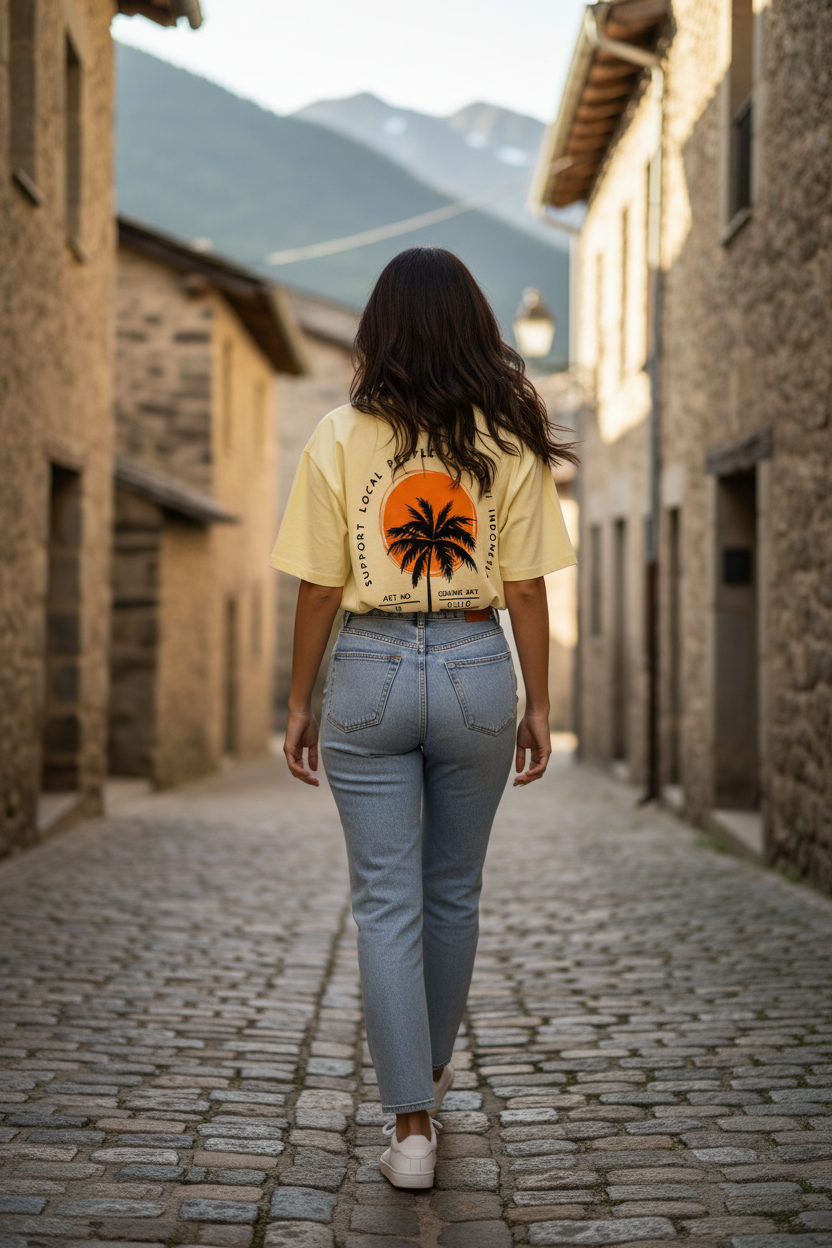 Camiseta amarilla mujer con estampado tropical y look femenino inspirado en moda mediterránea.