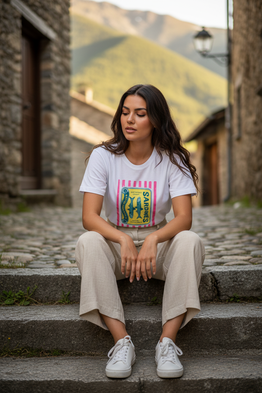 Camiseta Luan con ilustración vintage combinada con pantalón beige, look de moda mediterránea mujer y estilo francés mujer para el día a día.