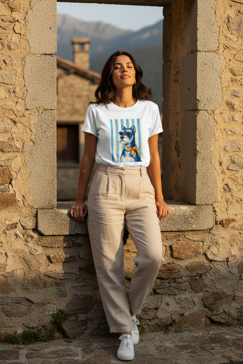Outfit elegante mujer con camiseta estampada Riviera Dog y pantalón fluido beige, combinación casual chic mujer para un estilo francés mujer sofisticado.