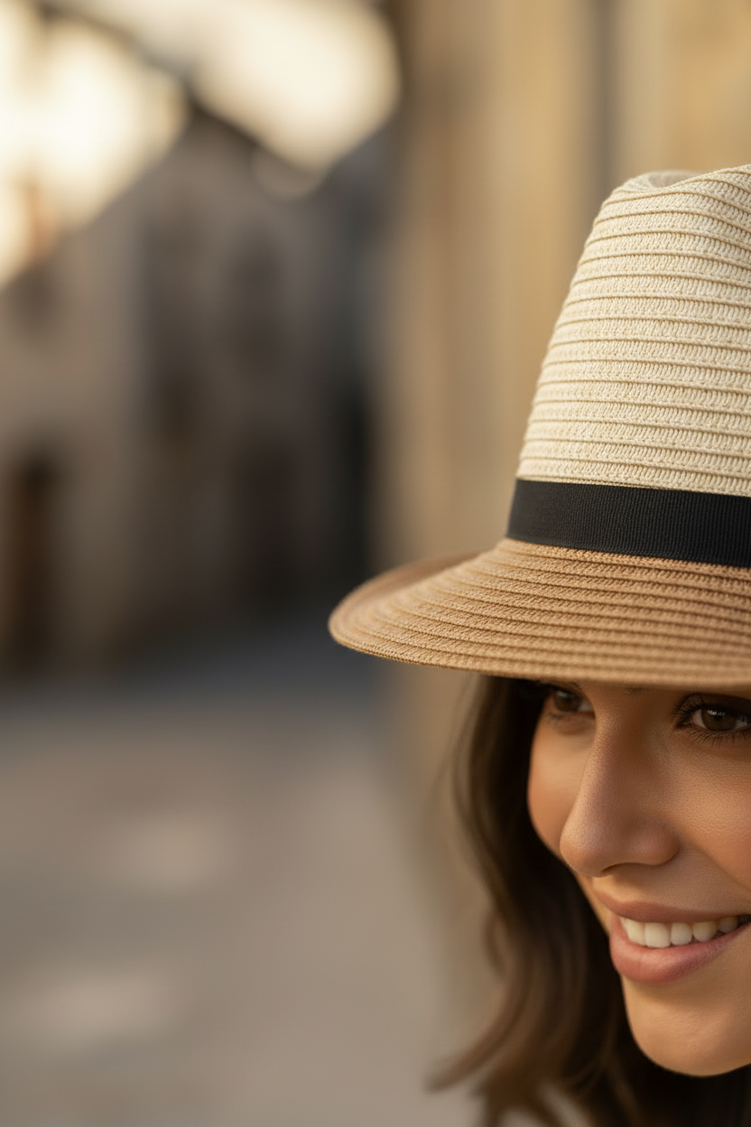 Primer plano de sombrero Borsalino Cassis de paja trenzada con cinta negra en look elegante mujer
