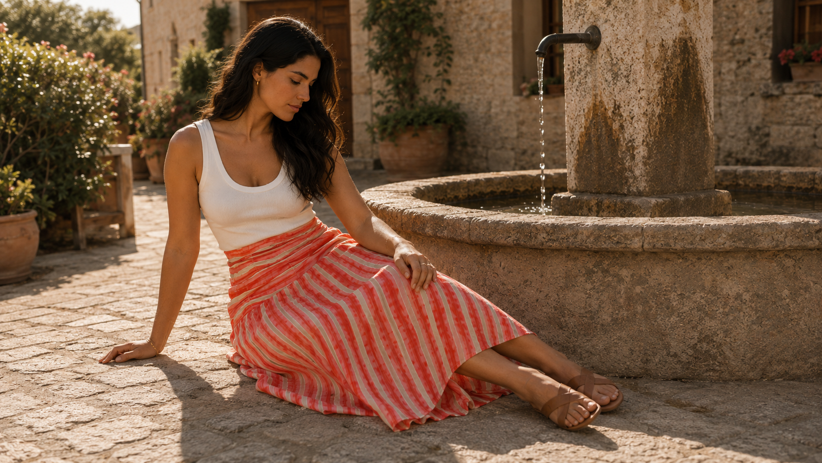 Falda midi de rayas verticales en tonos coral, naranja y blanco roto con cintura fruncida, combinada con camiseta blanca y sandalias planas en una imagen panorámica de estilo mediterráneo | STRANNA