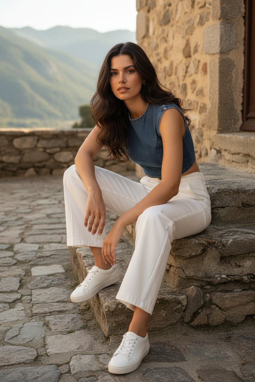 Mujer sentada con jeans blancos wide leg y top azul en outfit elegante mediterráneo de verano.