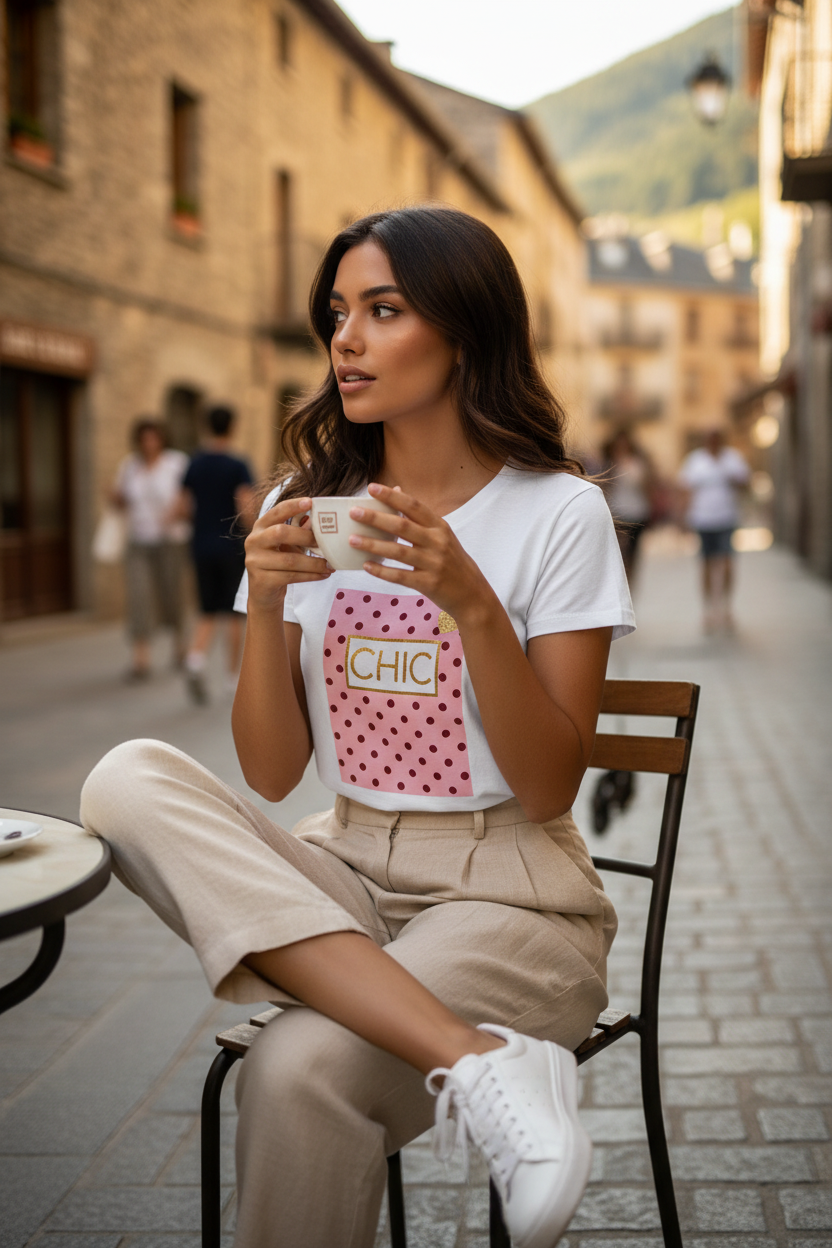 Mujer luciendo camiseta blanca con estampado CHIC rosa y pantalón beige, un outfit elegante mujer con esencia de estilo francés mujer. STRANNA