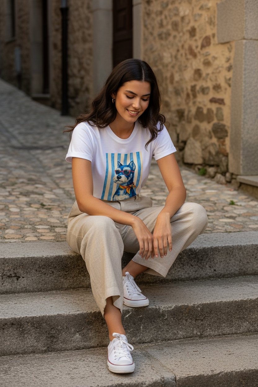 Mujer sentada con camiseta Riviera Dog blanca y pantalón beige, propuesta de outfit elegante mujer con esencia de moda mediterránea mujer.