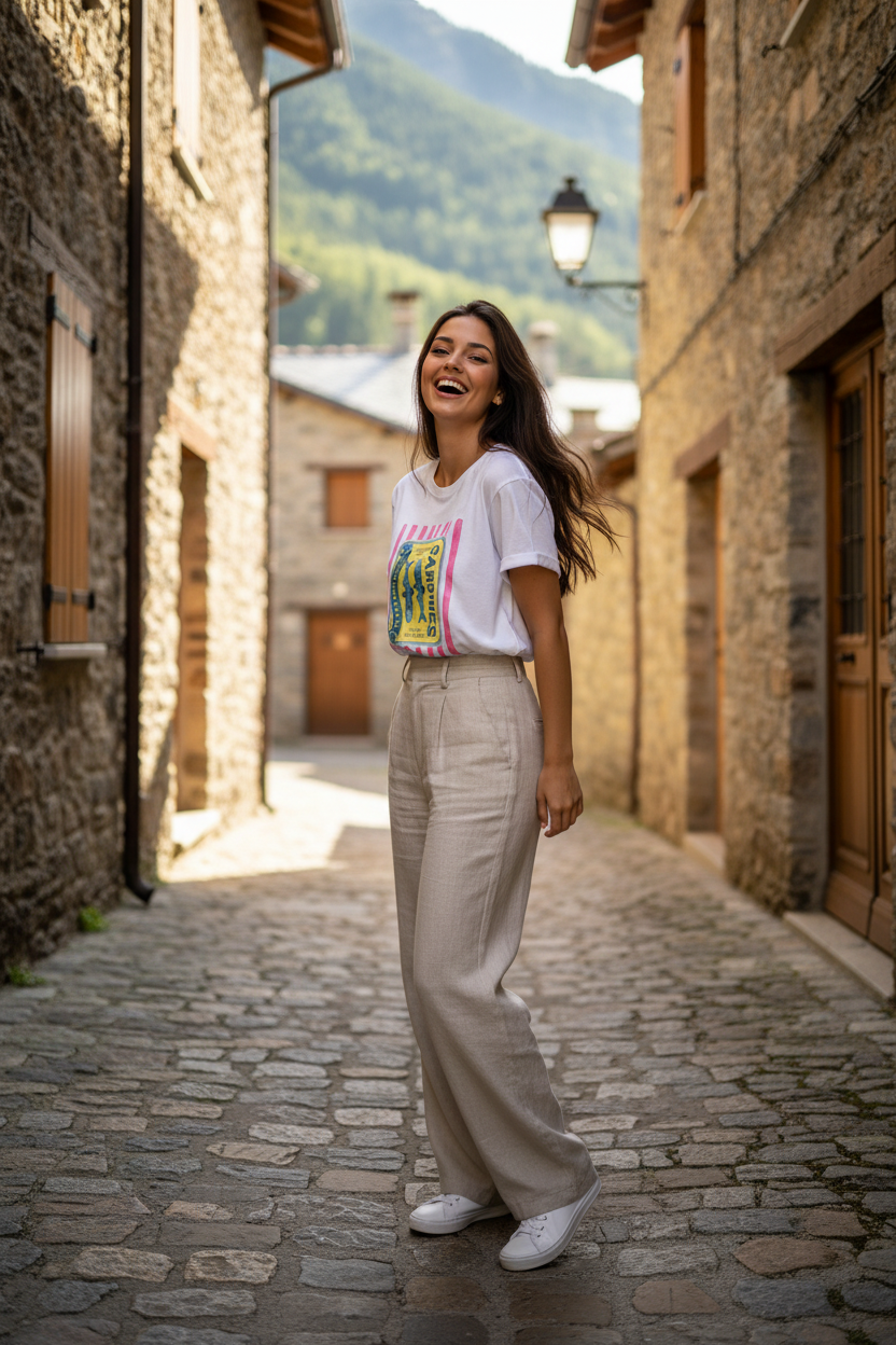 Mujer luciendo camiseta Luan blanca con pantalón beige en un outfit elegante mujer perfecto para un armario casual chic mujer.
